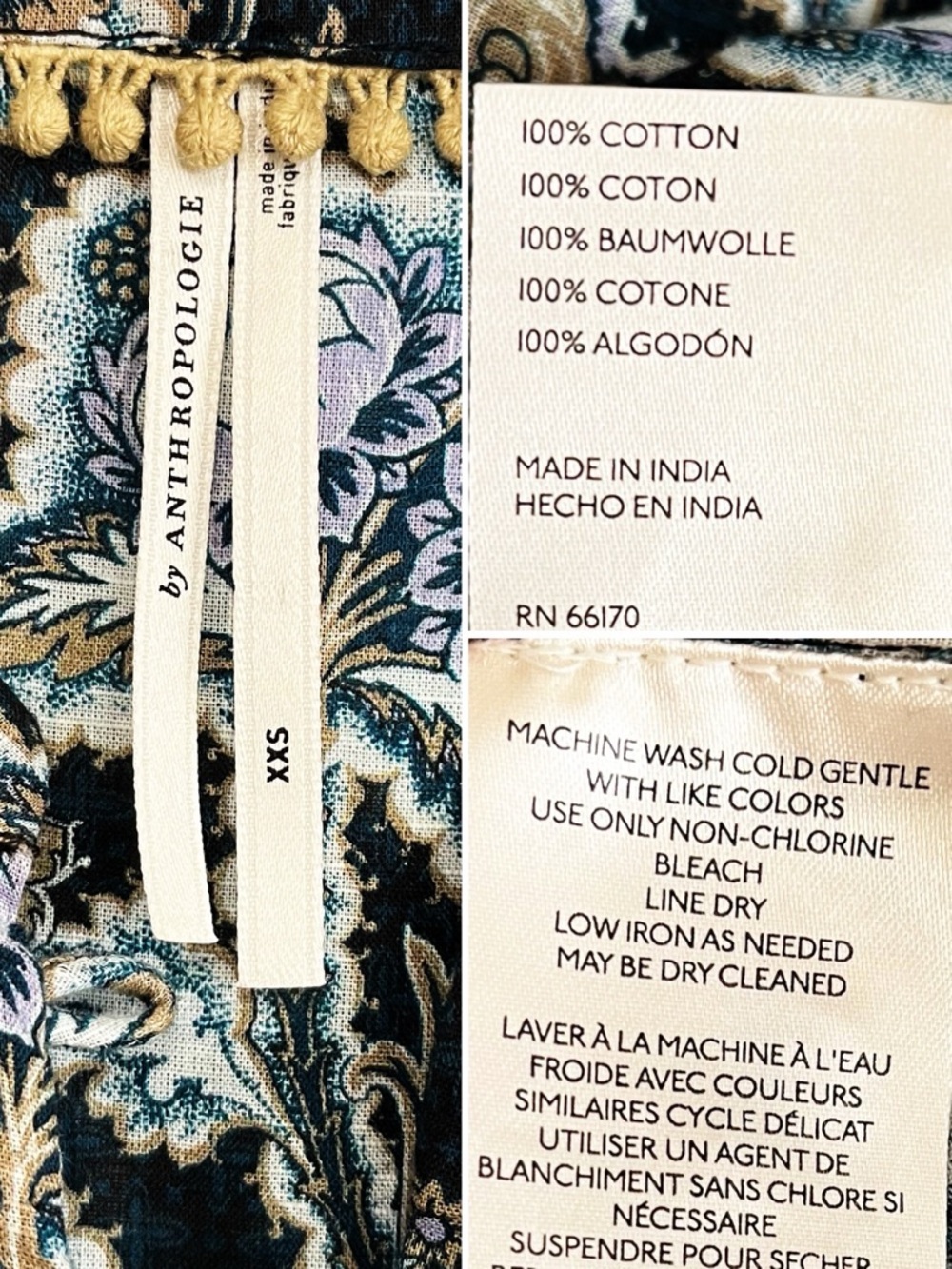 BOGO! Anthropologie Cotton Pintuck Peasant Blouse Blue Floral Motif XXS - Picture 10 of 11